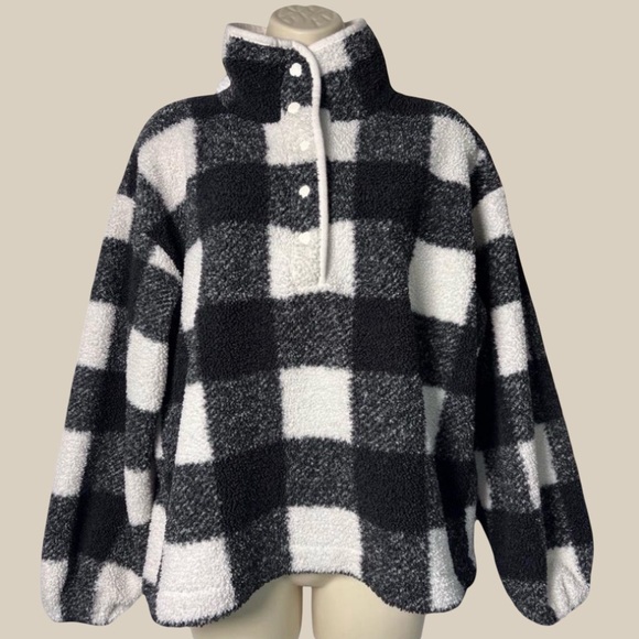 LOFT Tops - LOFT Buffalo Plaid Sherpa Snap Collar Top Black White Granola Lumberjack SZ S